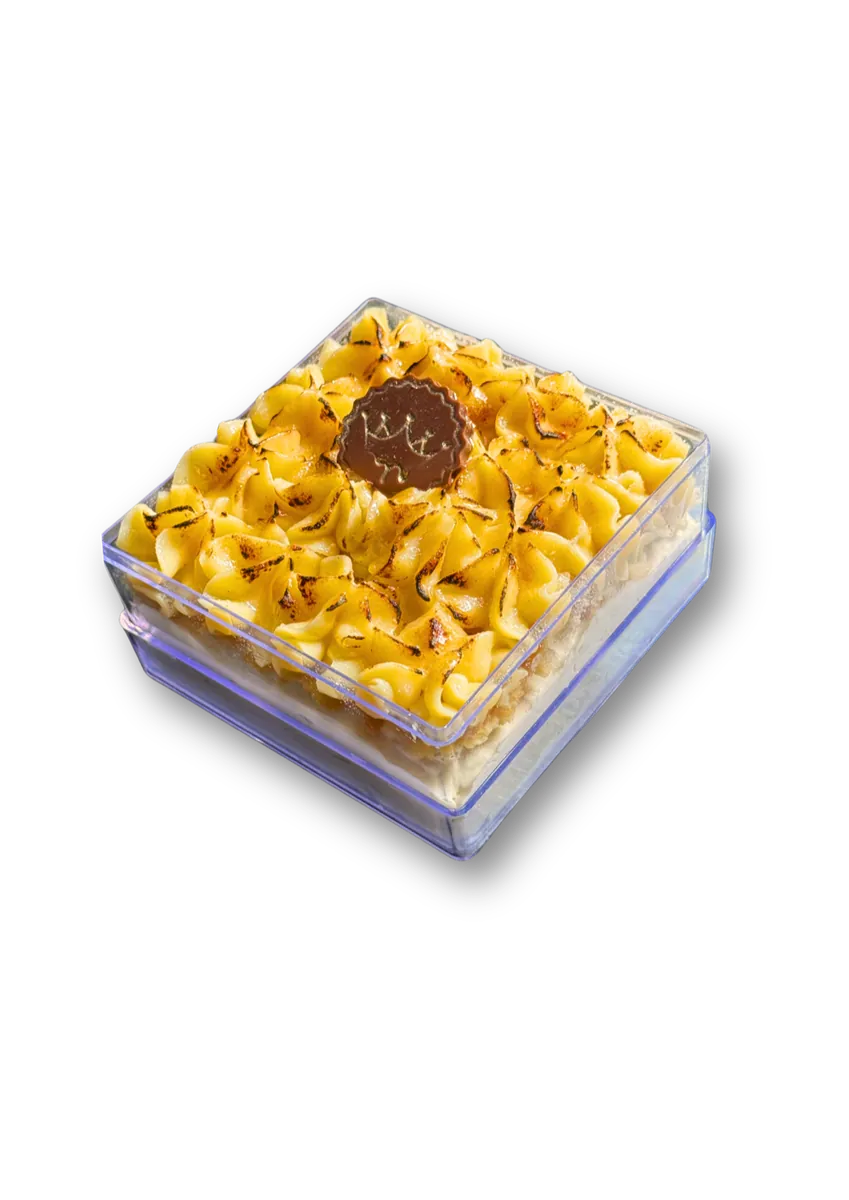 Vanilla Brûlée: mousse de baunilha de Madagascar com crumble e creme de baunilha, finalizados com açúcar maçaricado